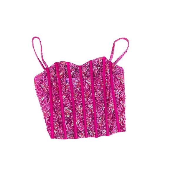 Precious Formals Tops - Vintage Pink Sequin Corset Bustier Top Boning Spaghetti Strap Party Y2K Prom